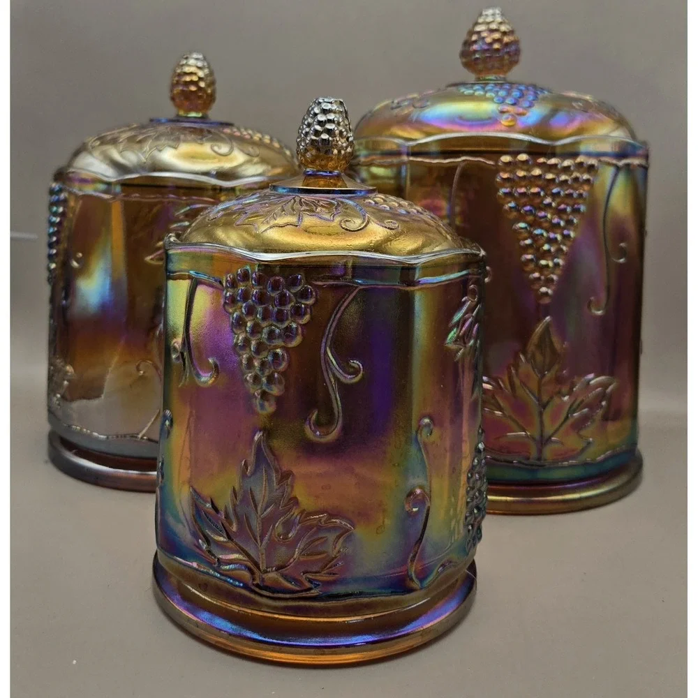Vintage Carnival Glass Marigold Harvest Grape Canisters BX